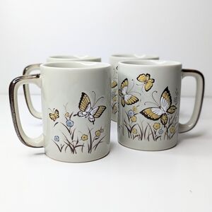 Vintage stoneware Otagiri butterfly coffee cups set of 4 brown gold blue